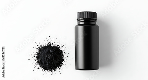 A black plastic bottle next to a pile of black powder on a clean white background.

