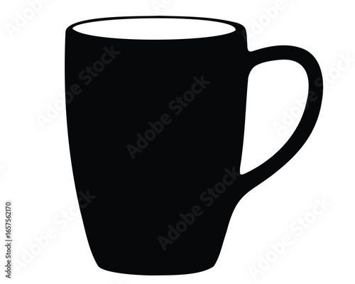 Silhouette of a black coffee mug with handle on white background