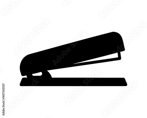 A minimalist black silhouette of a classic office stapler on white background