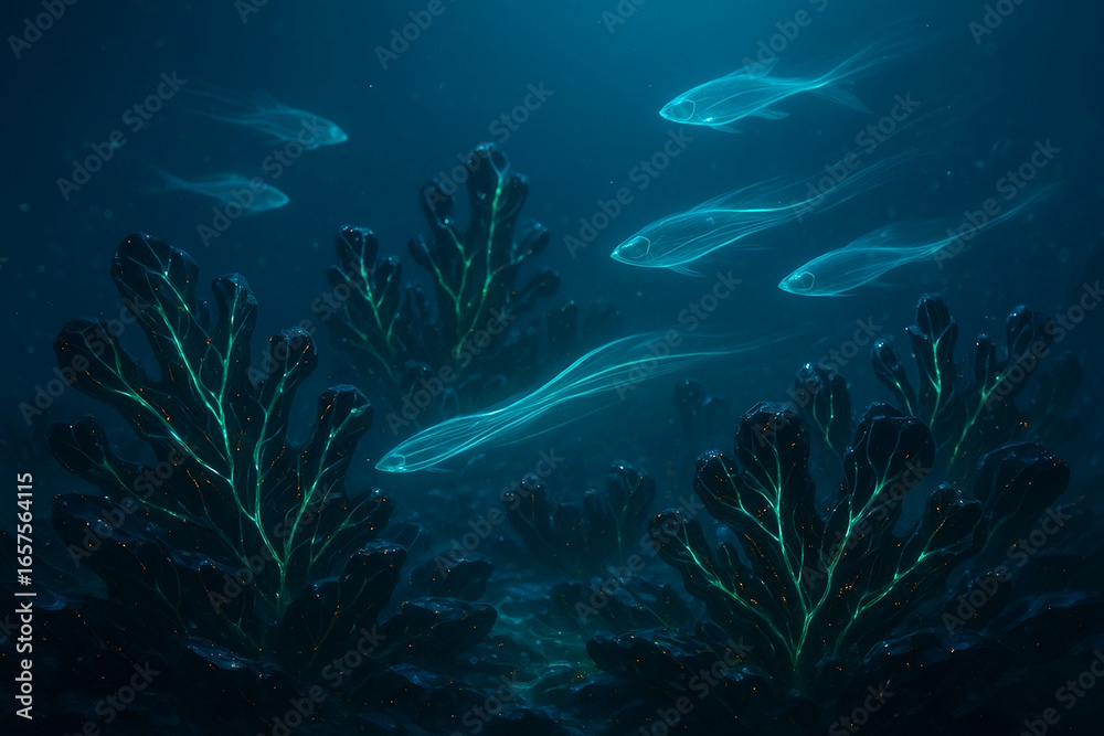 Fototapeta premium Futuristic Obsidian Coral Reef with Glowing Fiber-Optic Veins and Neon Fish