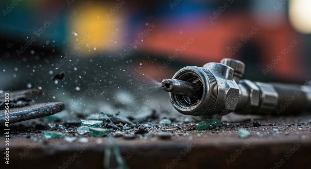 Obraz premium Closeup of a spray nozzle with broken glass and debris
