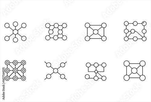 Collection of node and connection icons in outline design. Ideal for presentations, technology posters, digital apps, AI, data science, and internet of things (IoT) concepts. Modern look, versatile, a