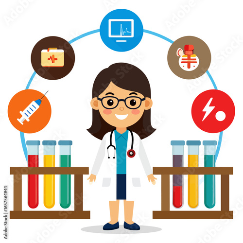 Illustration of a female doctor surrounded by medical icons and test tubes, representing healthcare and science