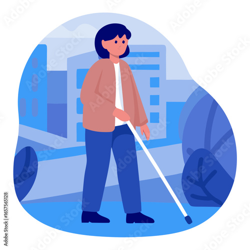 Person with a white cane walking outdoors in a city environment  