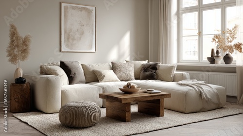 Scandinavian-inspired minimalist living room, neutral beige palette, textured cushions and rugs, soft cozy atmosphere, 3D render with textured base