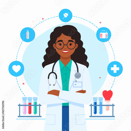Smiling African American female doctor in a white coat with a stethoscope and medical icons representing healthcare, science, and patient care