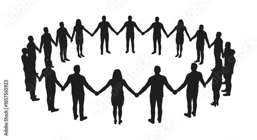 A group of people holding hands in a circle forming a united community silhouette