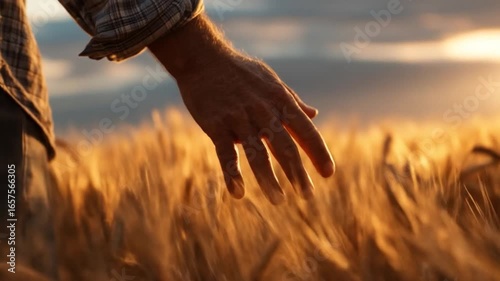 A close-up of a person's hand gently brushing through golden wheat fields during sunset, capturing the essence of harvest season and rural tranquility in a serene landscape