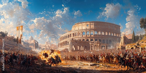 Roman city scene with Colosseum, crowds of soldiers, ruins, columns, smoke, and blue sky in a bustling ancient setting. Generative by AI.