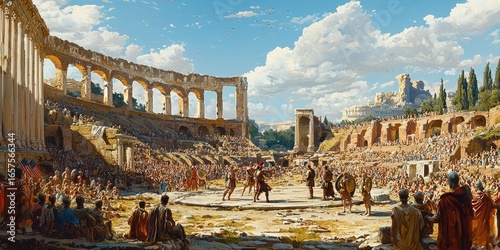 Roman city scene with Colosseum, crowds of soldiers, ruins, columns, smoke, and blue sky in a bustling ancient setting. Generative by AI.