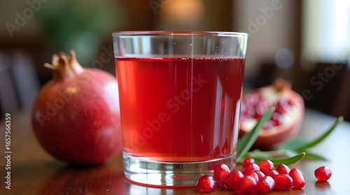 Fresh pomegranate juice in a glass cup with seeds and mint leaves, healthy and refreshing drink.