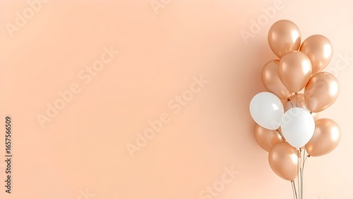 Realistic soft beige gradient party backdrop with shiny rose gold white and champagne balloons corner