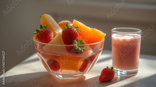 A glass bowl of colorful fresh fruit salad with strawberries, peach, and jelly pieces served alongside a refreshing glass of strawberry juice.