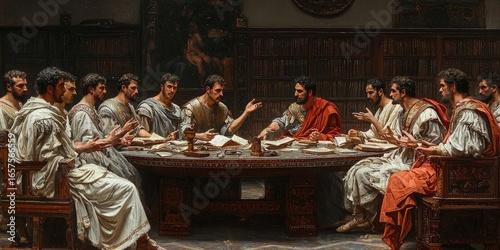 Four men in Roman-style robes seated at round wooden table in book-filled room, engaged in intense discussion with open scrolls. Generative by AI.