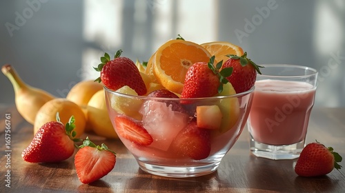 A glass bowl of colorful fresh fruit salad with strawberries, peach, and jelly pieces served alongside a refreshing glass of strawberry juice.
