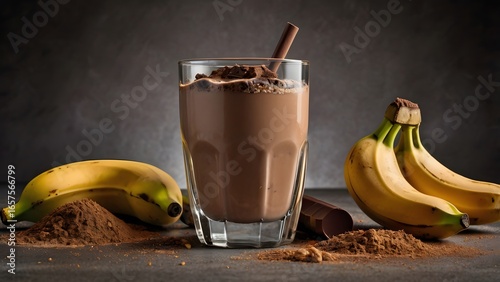 Delicious creamy chocolate and peanut milkshake in glasses with toppings on a dark background.