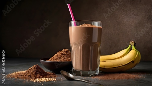 Delicious creamy chocolate and peanut milkshake in glasses with toppings on a dark background.