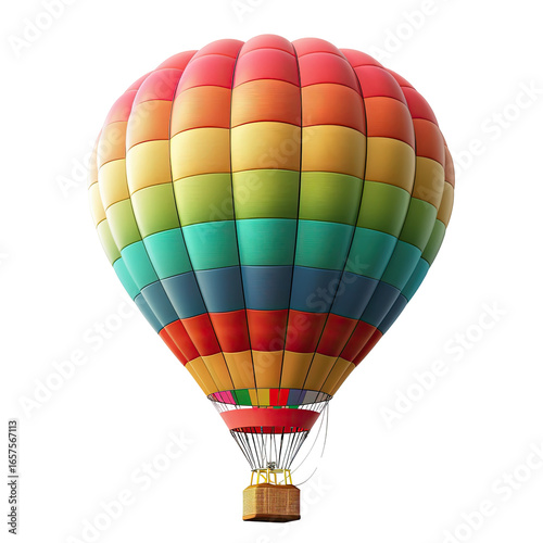 Colorful hot air balloon against black background.  A vibrant, rainbow-hued hot air balloon, with sections of various colors, floats against a pure black backdrop.