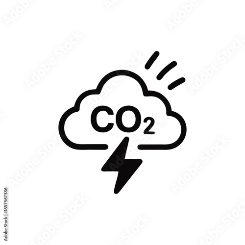 CO2 Cloud with Lightning Bolt Climate Change and Carbon Emission Symbolic Representation Black and White Icon