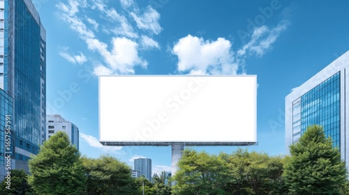 Large outdoor digital billboard in an urban cityscape with modern glass buildings.