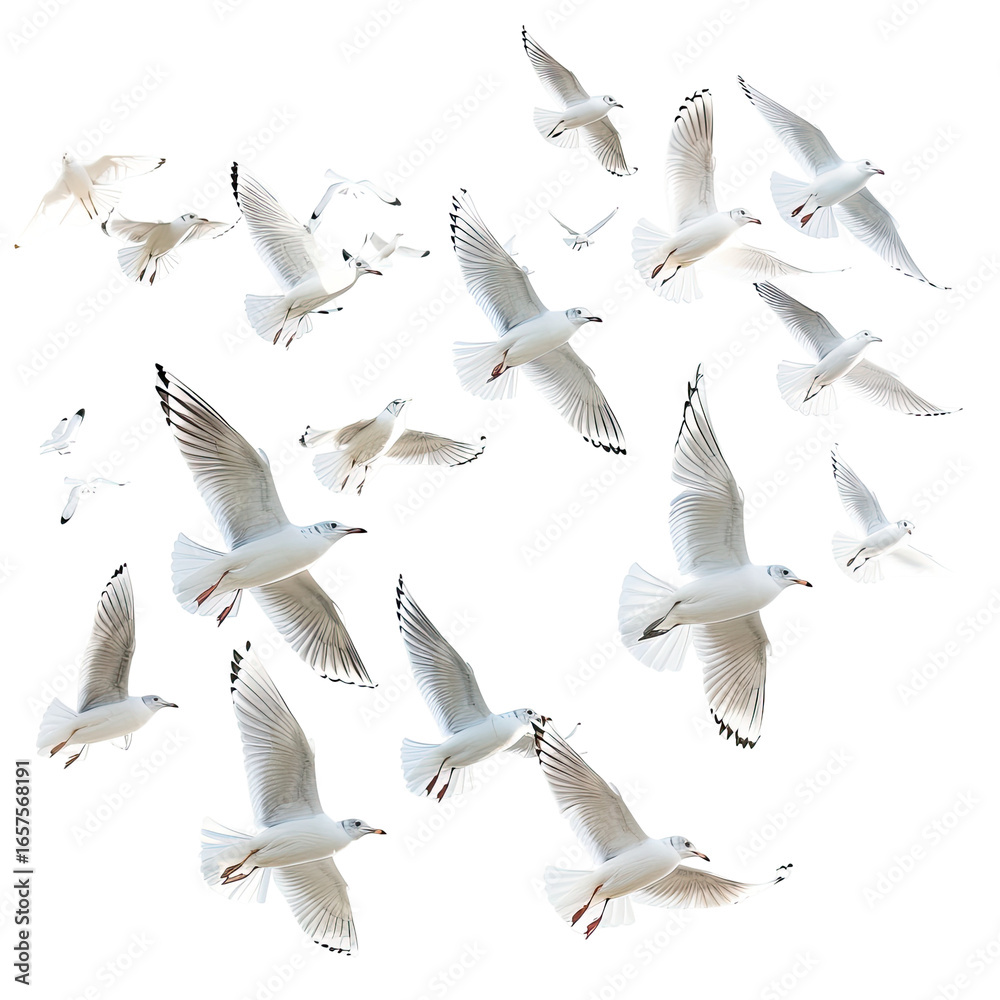 Fototapeta premium and keyword list based on the image.. Seabirds Flying in Air Numerous White Birds Soaring Freely Against Black Sky