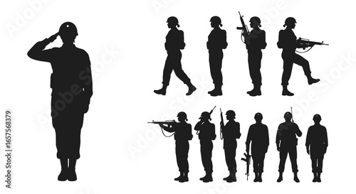 Military soldiers silhouettes in various poses and uniforms on white background