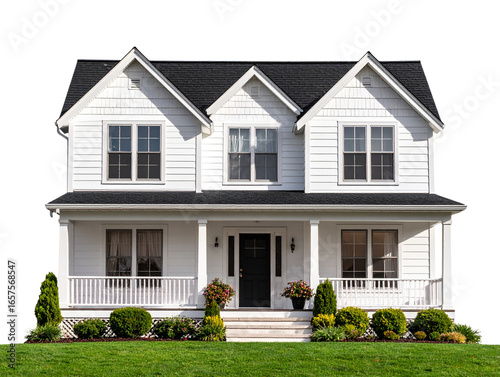 Suburban Family Home with Green Lawn, Front View, Transparent Background