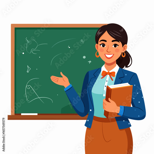 Friendly Teacher with Book in Classroom Educational Setting Illustration