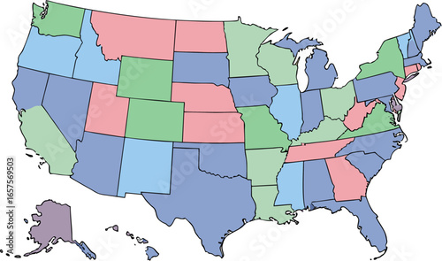 Colored map of the United States, highlighting individual states.