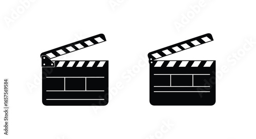 Two black film clapboards with white stripes on a plain white background silhouette