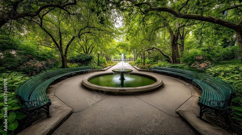 Serene Garden Pathway with Fountain and Lush Greenery in Tranquil Outdoor Space