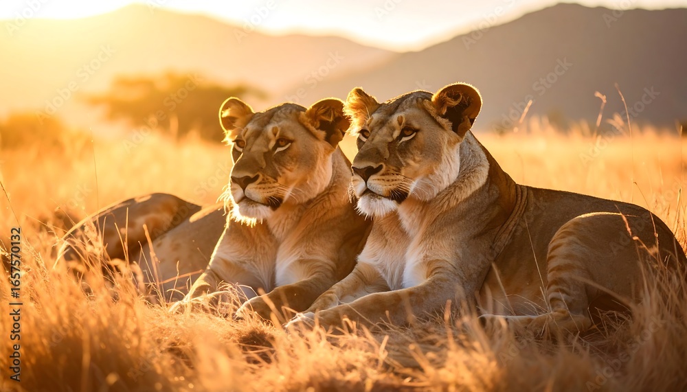 Obraz premium Two lions rest in golden savanna light