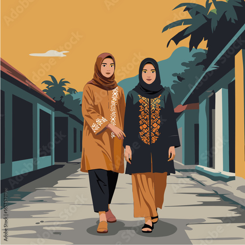 Two women in hijab stroll down a sun-drenched street, traditional clothing, palm trees.