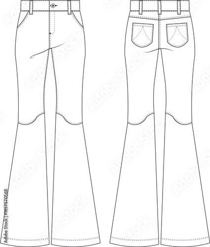 with pockets mid rise fit and flared wide leg denim jean pant trouser template technical drawing flat sketch cad mockup fashion woman design style model 
