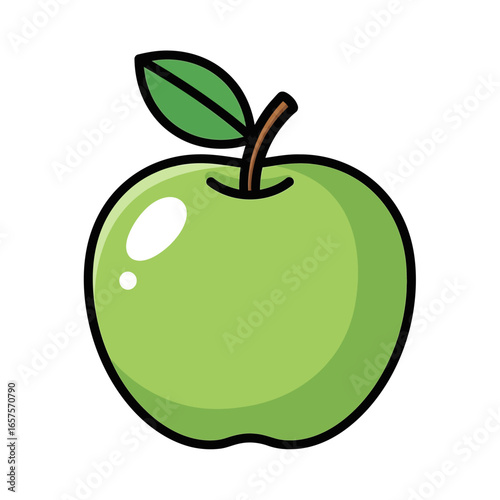 Illustration of a vibrant green apple with a stem and leaf, isolated on a white background.