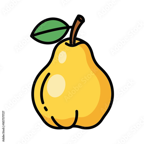 Cartoon illustration of a yellow pear with a brown stem and a green leaf, outlined in black on a white background.