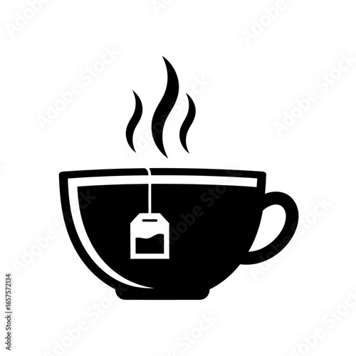 A black and white graphic of a cup of tea with steam and a teabag on a white background design icon