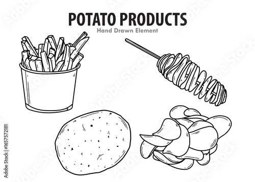 Seamless vector pattern of hand drawn doodles of potato processed fast food set in the form of, french fries, potato chips, spiral potatoes