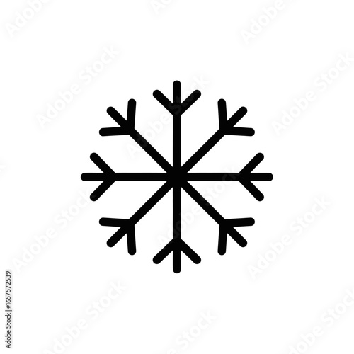 A simple black snowflake icon with six points on a white background in a minimalist style design