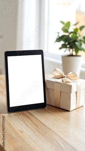 Tablet and gift on a wooden table by a window