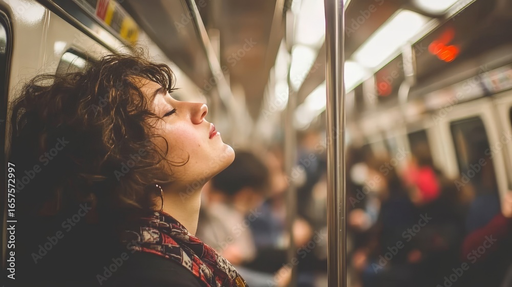 © Лариса Крохмаль - Female Traveler Leaning Back in a Subway Car, Reflecting on Her Journey and Life During Transit