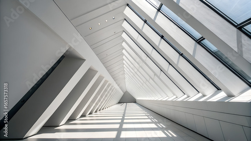 Modern architectural interior with geometric shapes and sunlight streaks