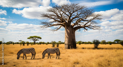 Zebras grazing under baobab tree in african savanna landscape with blue sky and clouds
