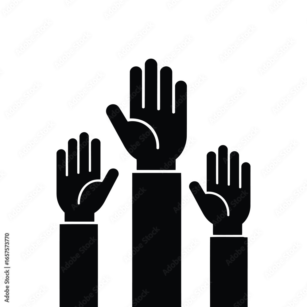 Obraz premium Black silhouette vector illustration of raised hands showing participation