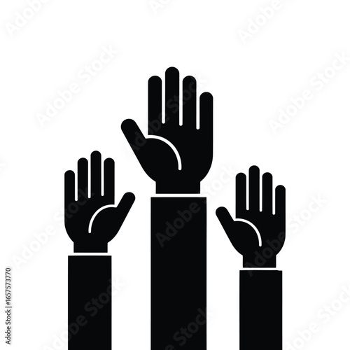 Black silhouette vector illustration of raised hands showing participation