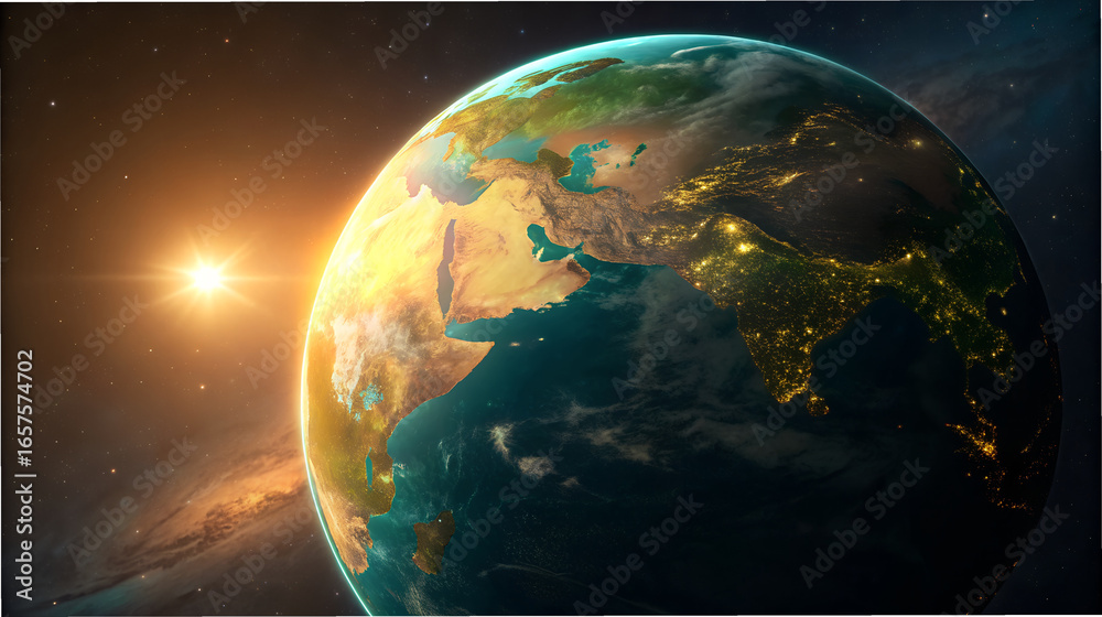 Obraz premium Earth at dawn with sun rising over europe and africa