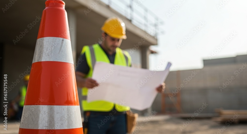 Fototapeta premium Construction worker in hard hat and vest reviews blueprints at a site