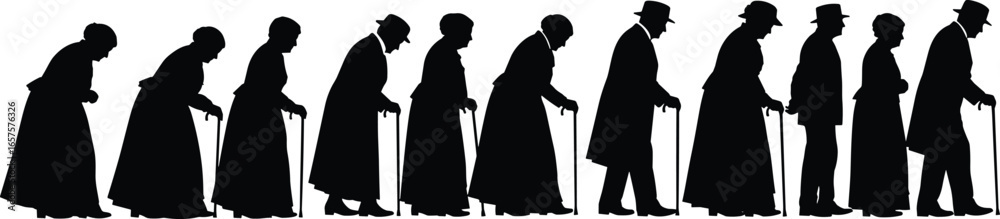 Aging progression silhouettes, standing to cane support, elderly figure sequence, long coat clothing, posture change, CAD drawing, flat vector illustration, life stages depiction Aging progression silhouettes, standing to cane support, elderly figure sequence, long coat clothing, posture change, CAD drawing, flat vector illustration, life stages depiction