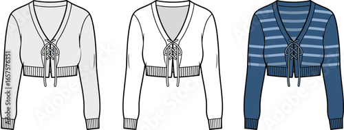 Cropped cardigan, lace up front, ribbed cuffs and hem, V neck, flat fashion CAD drawing, vector illustration, women apparel design