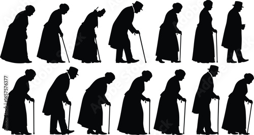 Elderly silhouettes, walking with canes, mobility aid, senior figures, long coat clothing, side view, CAD drawing, flat vector illustration, aging population, health support